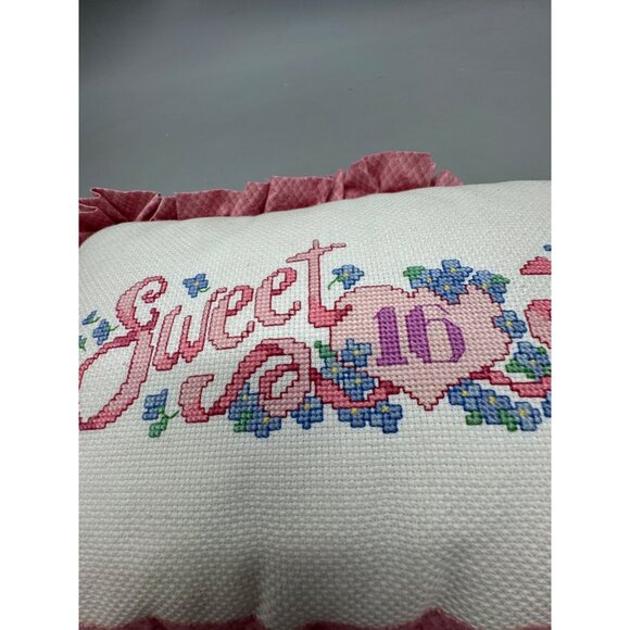 Handmade Cross-Stitched Sweet 16 Lynne Pillow With Pink Ruffled Edges & Floral D - Picture 3 of 8